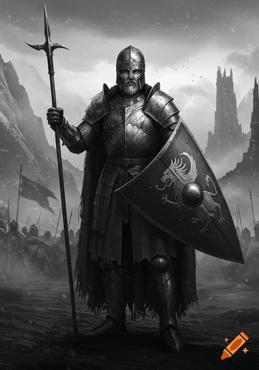 Black and white image of a medieval soldier in full armor with a spear and shield, standing before an army in a snowy mountain and castle landscape.