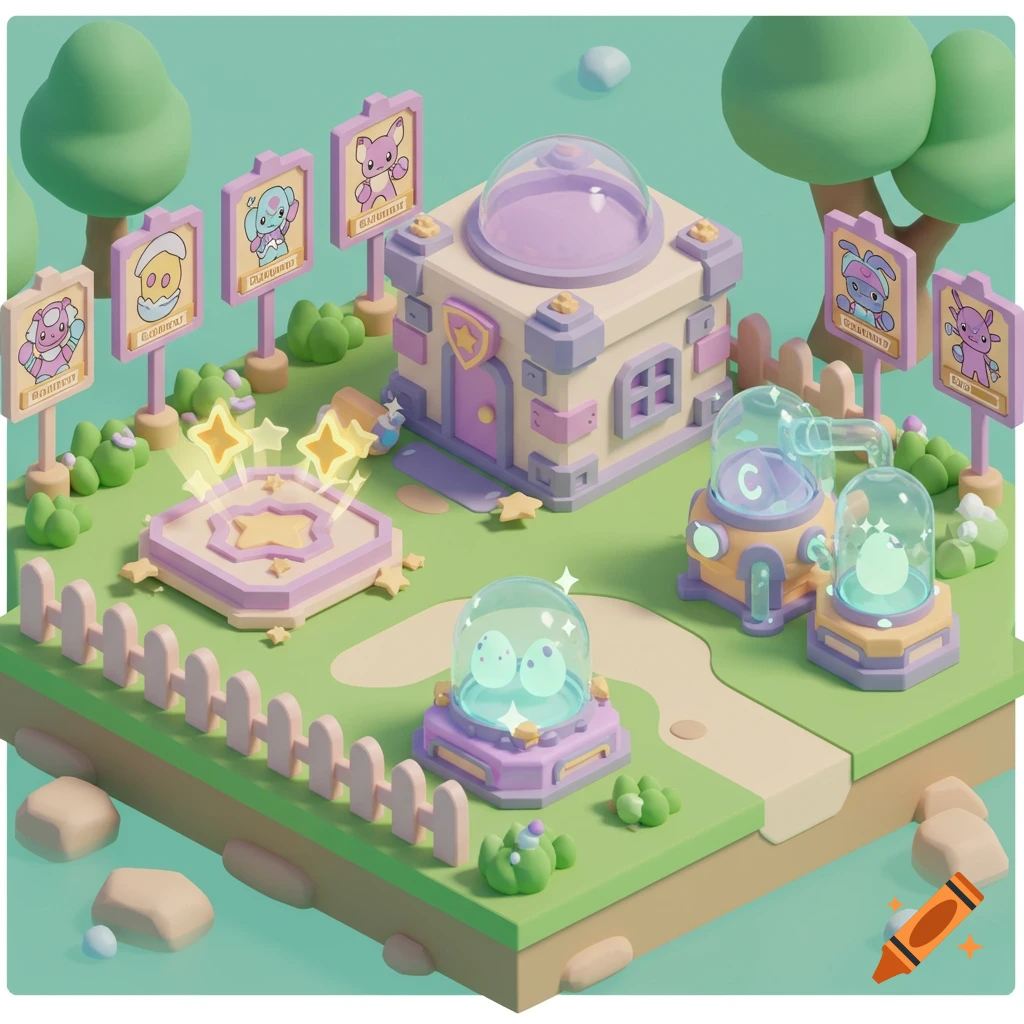 A colorful 3D-rendered game scene of a cubic island plot with a main house, a glowing training pad, a breeding area, and four fighter profile signs, all in a bubbly cartoon Roblox-style.