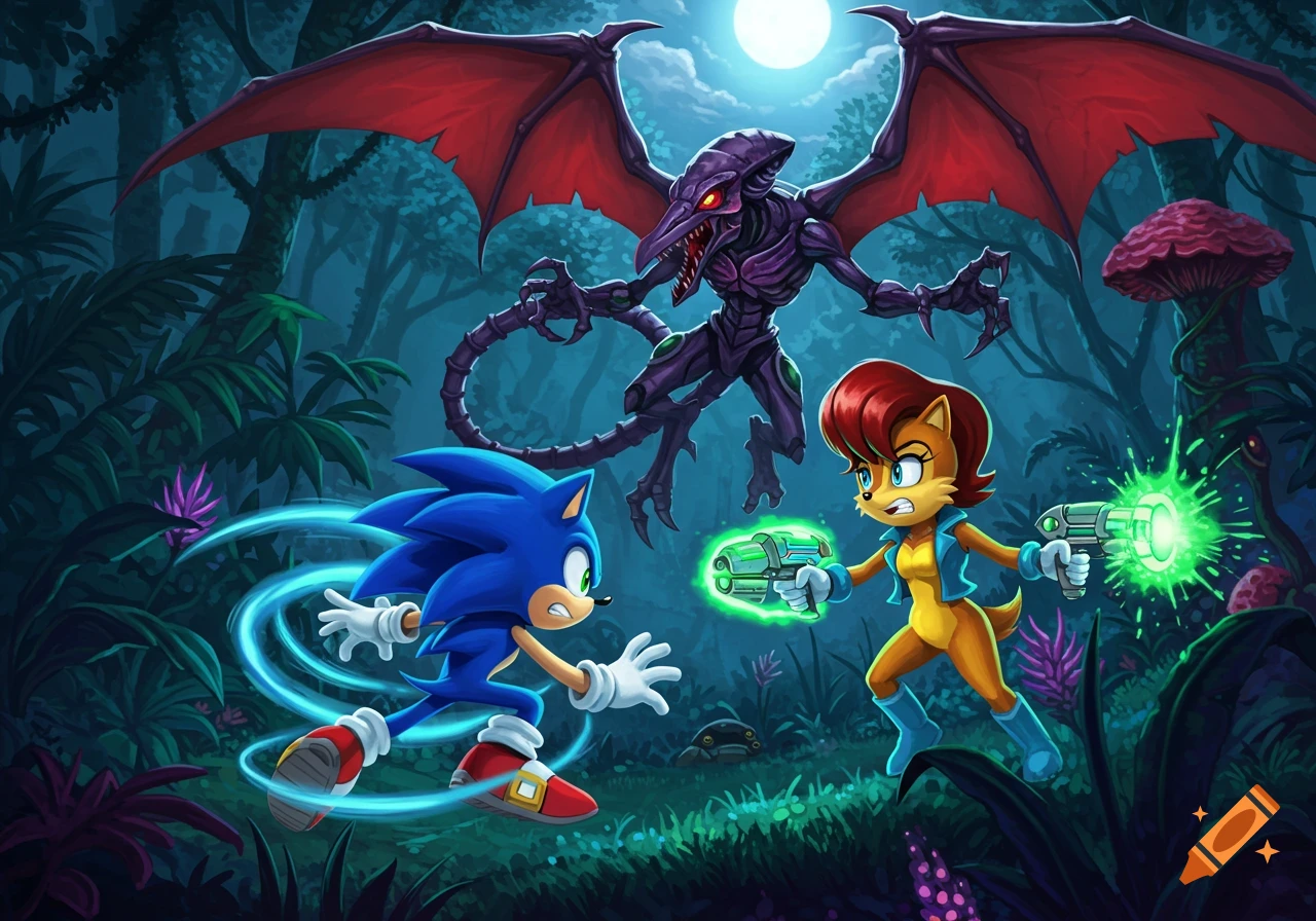 Sonic the Hedgehog and Sally Acorn fight Ridley in a moonlit jungle with energy blasts.