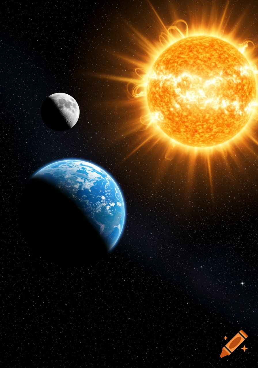 Photorealistic image of the sun, Earth, and Moon against a starry space background.
