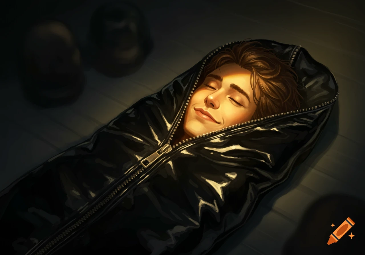 A smiling young man with closed eyes rests inside a shiny black zippered bag, illuminated by a warm light in a dark setting.