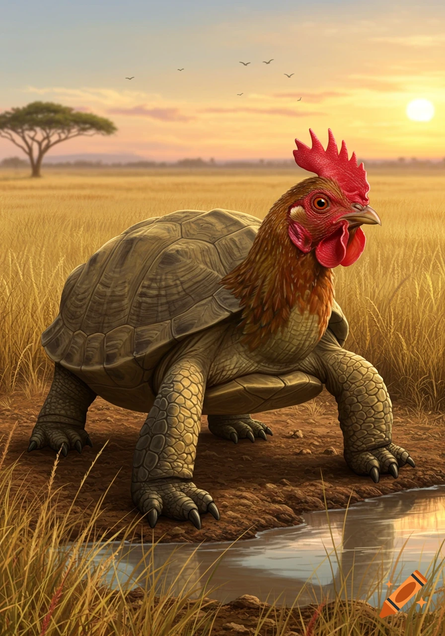 A fantastical creature with a turtle body and a chicken head stands by a small pond in a golden savanna at sunset.