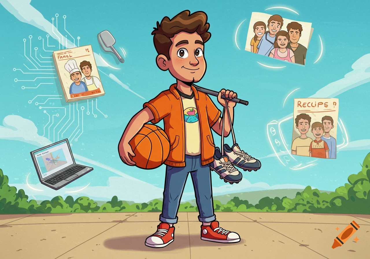 A cartoon male character stands holding a basketball and soccer cleats, surrounded by floating illustrations of a laptop, family photos, and a cooking magazine.