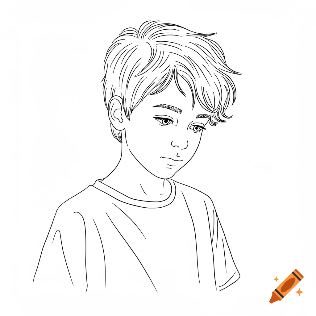 Line art drawing of a young boy looking down.