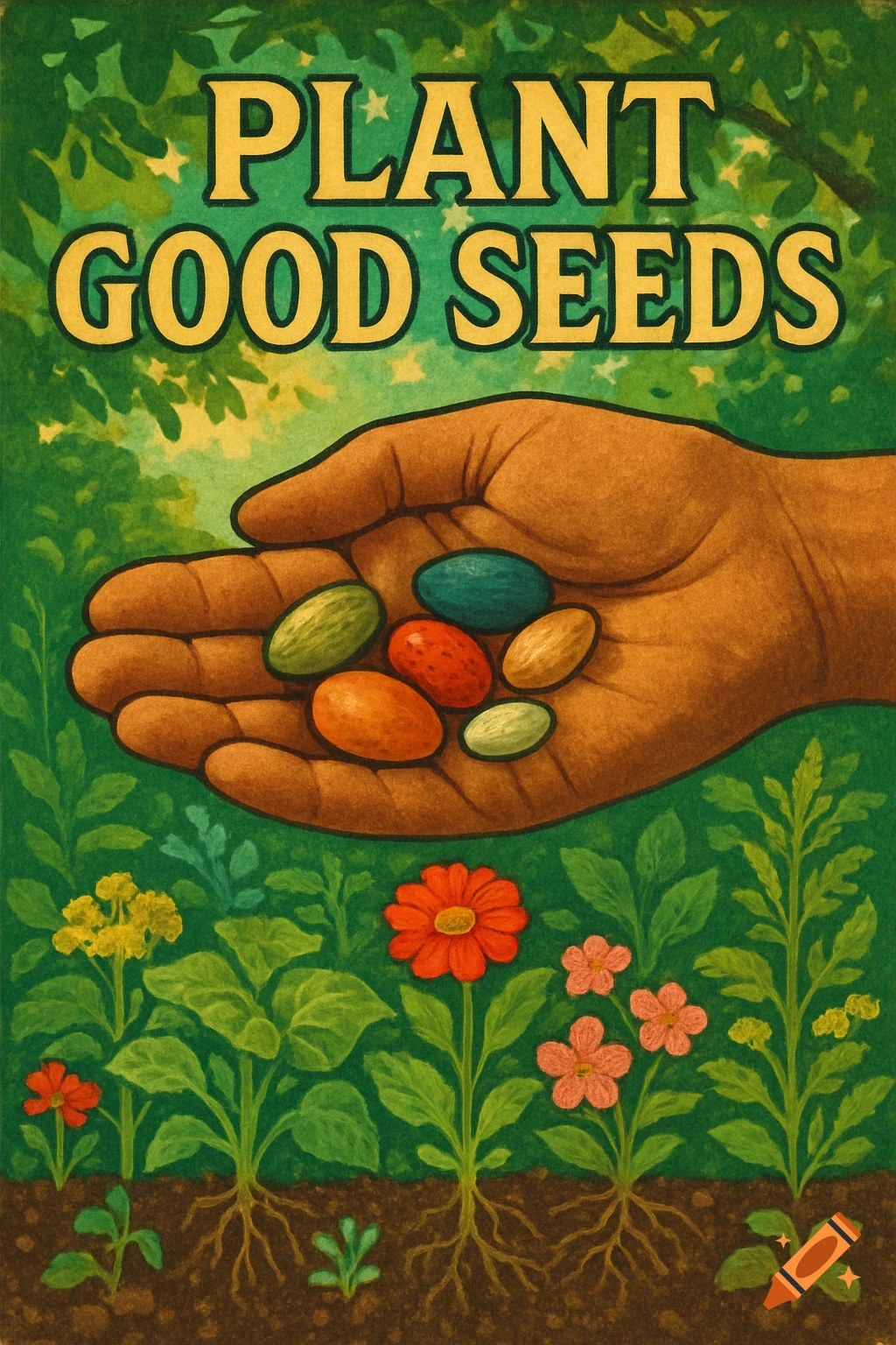 Vintage poster art of a hand holding colorful seeds above plants and roots with text 'PLANT GOOD SEEDS'.