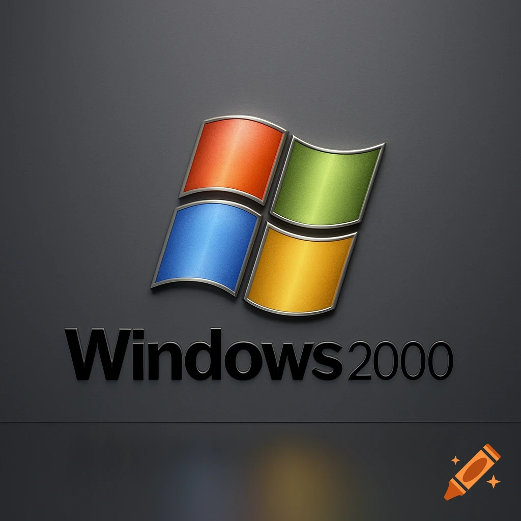 The metallic Windows 2000 logo with a colorful flag design and text on a dark gray background.