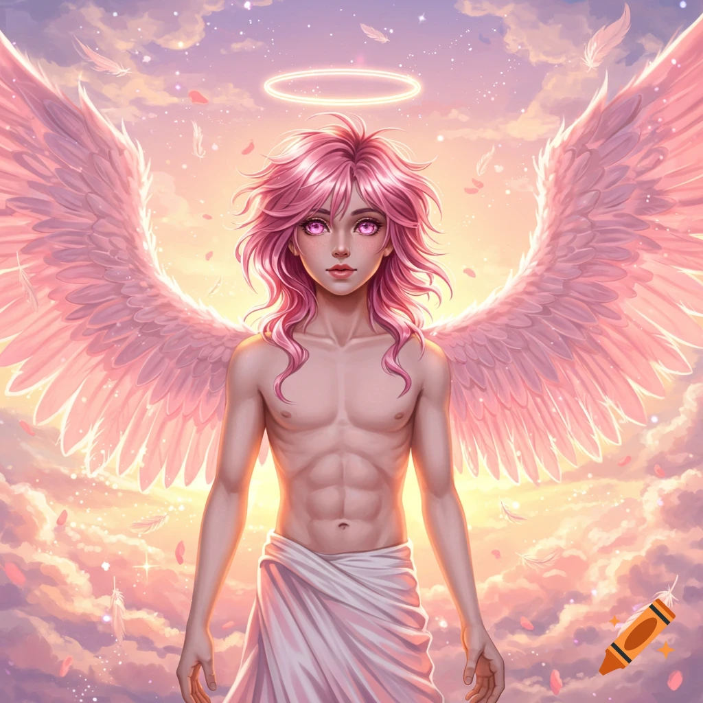 Anime angel boy with pink hair, pink eyes, and large pink wings stands under a glowing halo in a cloudy, pastel sky.