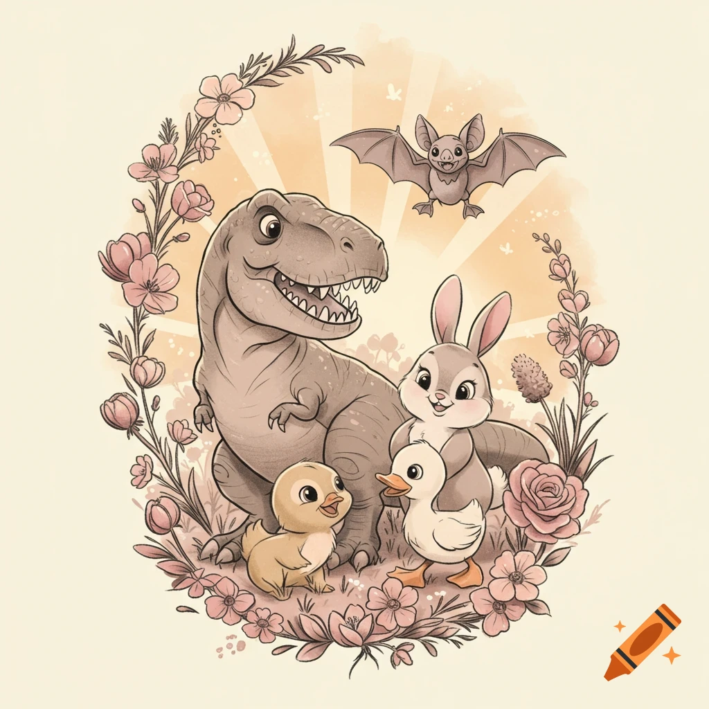 A cute cartoon T-Rex, bunny, duckling, and bat are together in a floral wreath, in a Disney-inspired animated style.