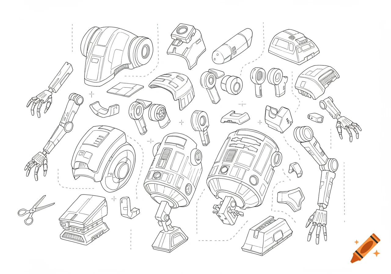 Black and white line art diagram of various disassembled droid parts for coloring.
