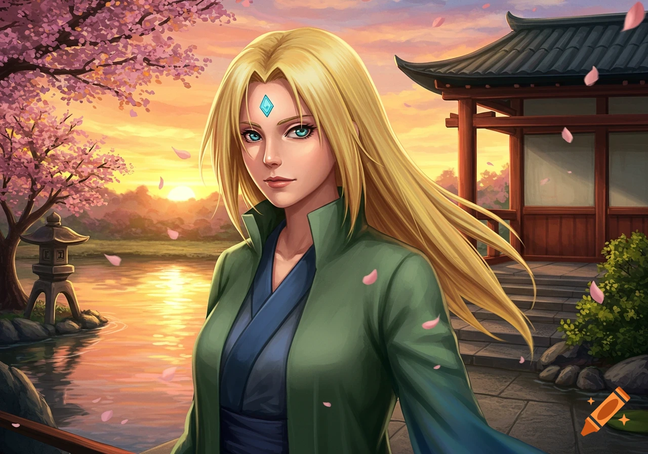Anime-style portrait of Lady Tsunade with long blonde hair and a diamond mark on her forehead, in a vibrant sunset Japanese garden with cherry blossoms.