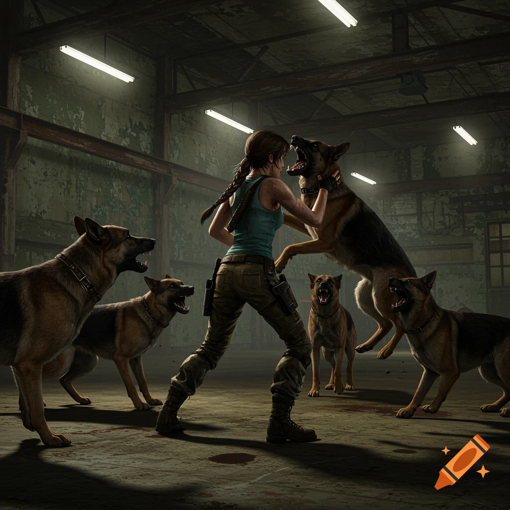 Lara Croft fighting a pack of aggressive German Shepherds in a dark, abandoned warehouse, in a realistic digital art style.