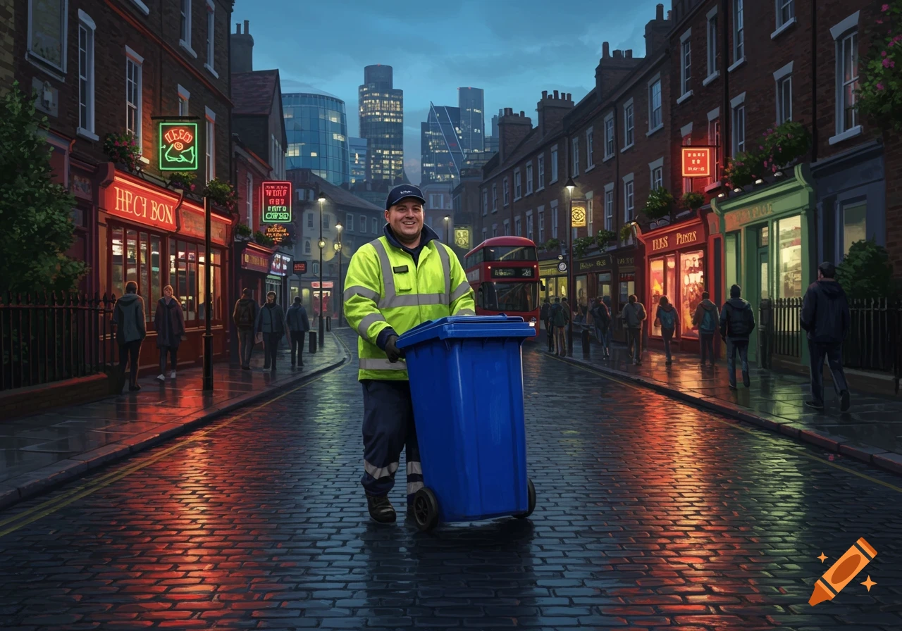 A binman in a high-visibility jacket pushes a blue wheelie bin down a wet, cobblestone city street at dusk, with glowing shop signs and a distant skyline.