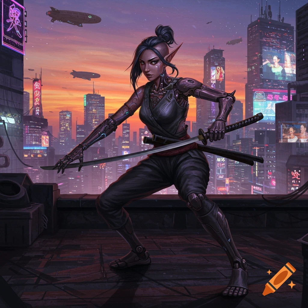A female elf street samurai with a cybernetic arm wields a katana in a confident stance on a cyberpunk city rooftop at dusk, with neon lights.