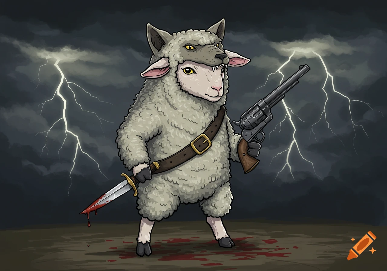 Cartoon sheep in wolf's clothing holding a bloody dagger and pistol under a stormy, lightning-filled sky.