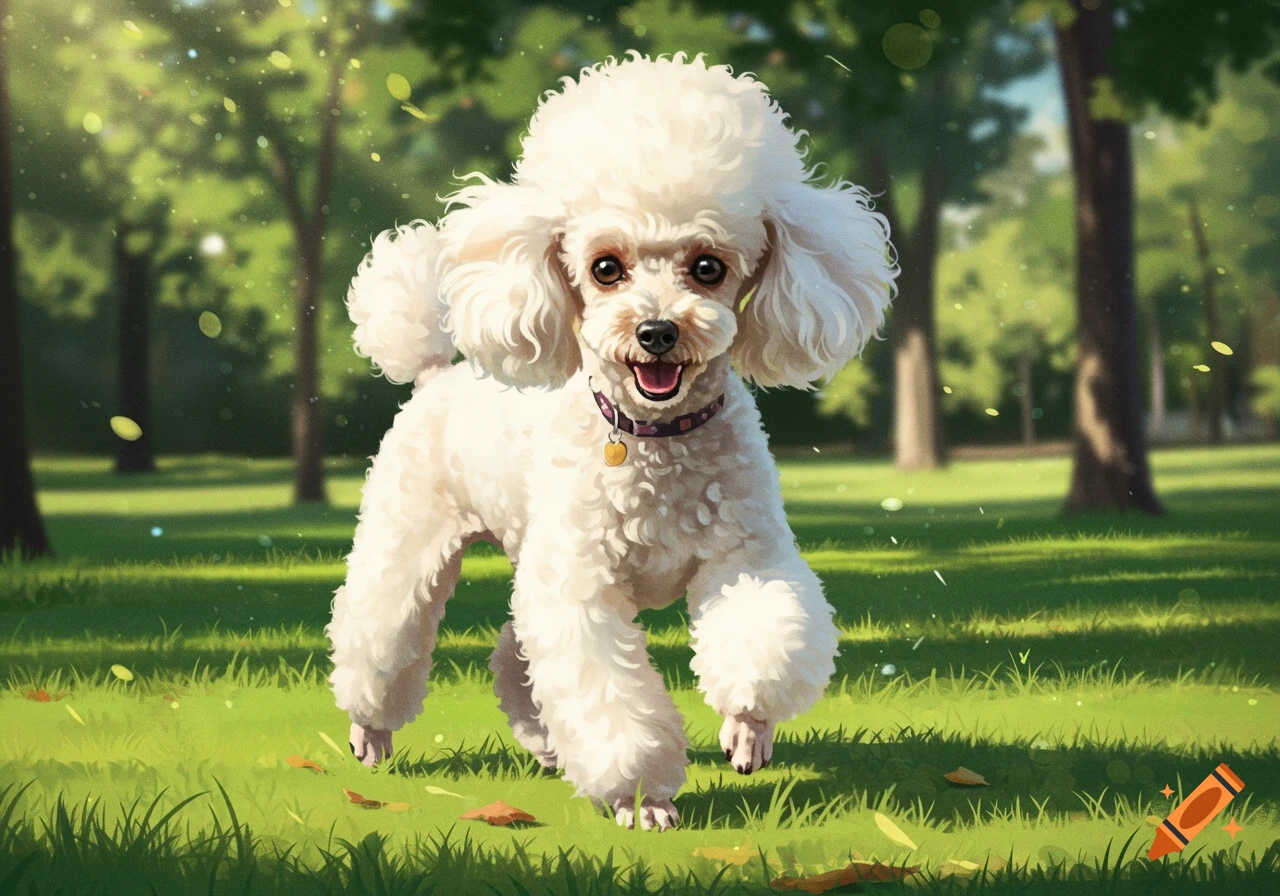 A happy white poodle with curly fur trots through a grassy park on a sunny day.