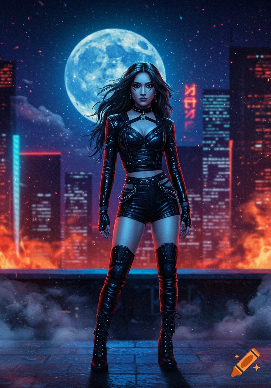 A woman in a black leather outfit stands on a rooftop against a neon-lit cityscape and large blue moon with fires below.
