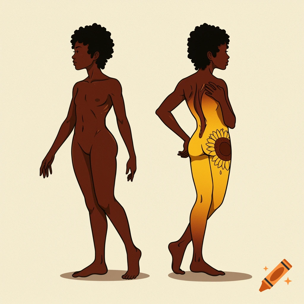 Two stylized cartoon figures of a dark-skinned woman, one nude, the other shedding skin to reveal a sunflower pattern.