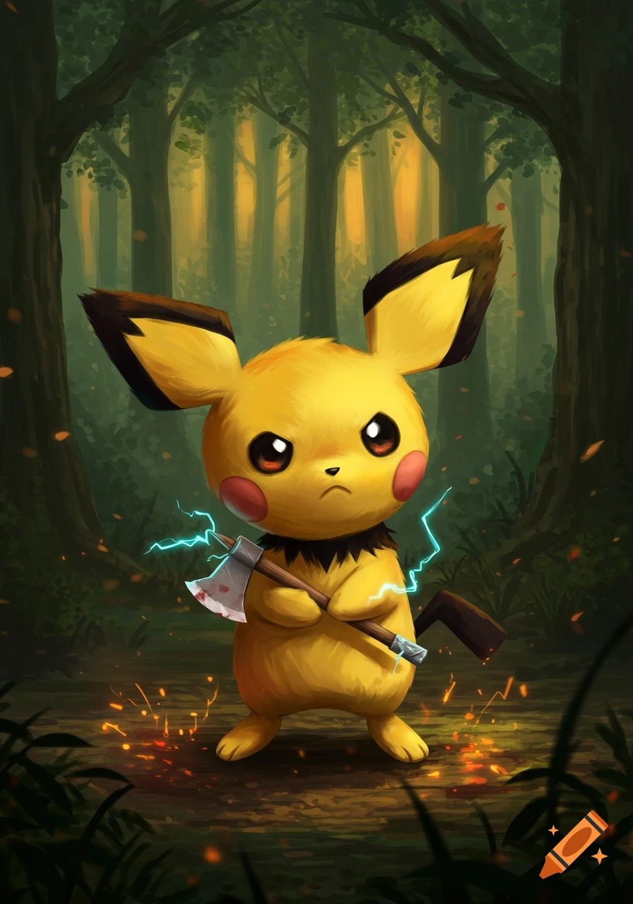 A digital painting of a menacing Pichu holding an axe with sparks and lightning, standing in a dark forest.