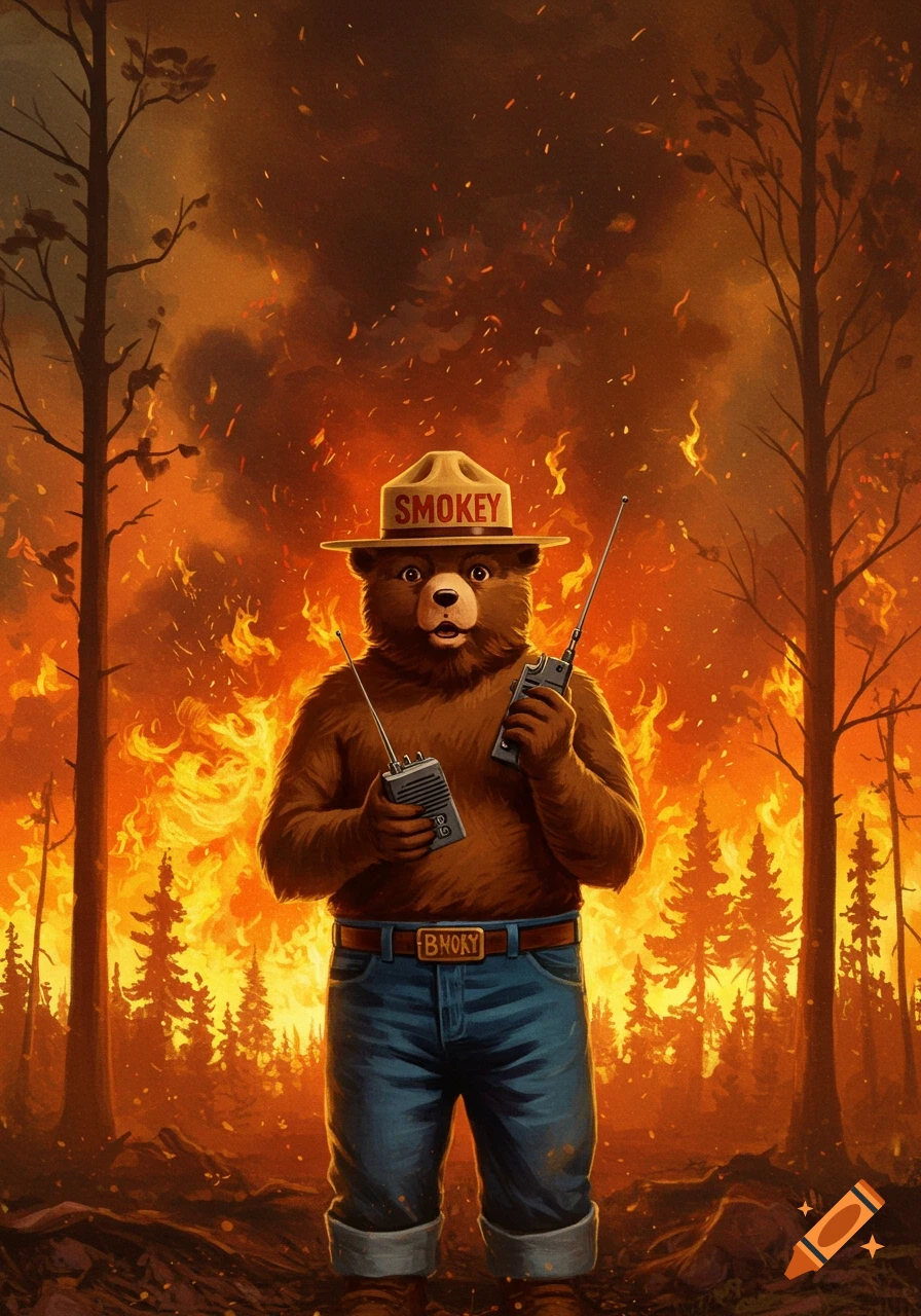 Smokey the Bear stands in front of a raging forest fire, holding two walkie-talkies, with his name on his hat.