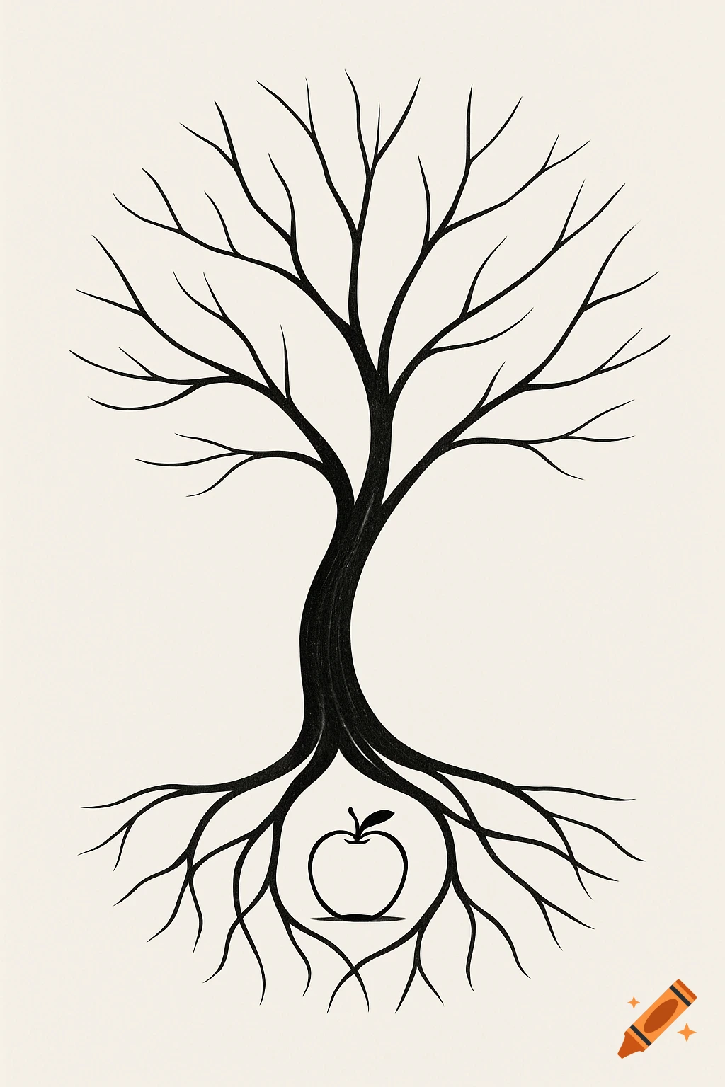 Black line drawing of a stylized tree with an apple outline nestled in its roots, on a light beige background.