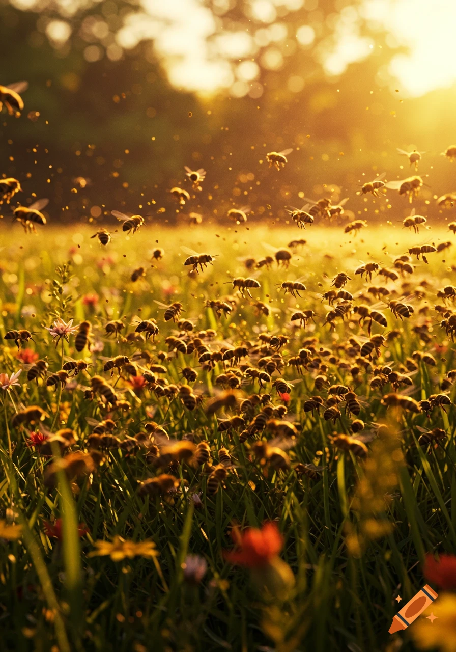 A large swarm of bees flying and buzzing over a field of flowers during golden hour.