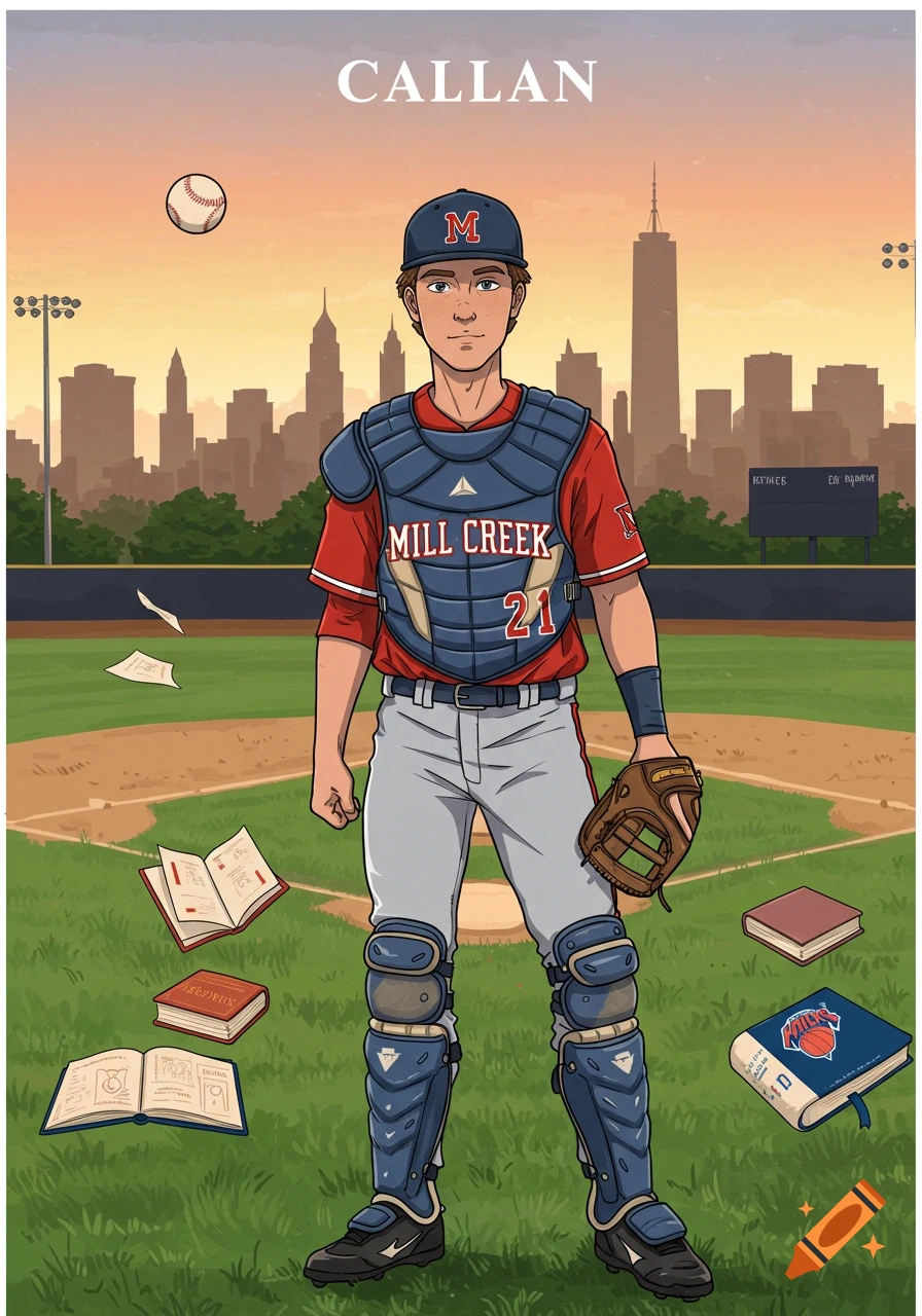 A cartoon illustration of a young baseball catcher in uniform, with "CALLAN" above and a city skyline in the background. Books and a baseball are on the field.