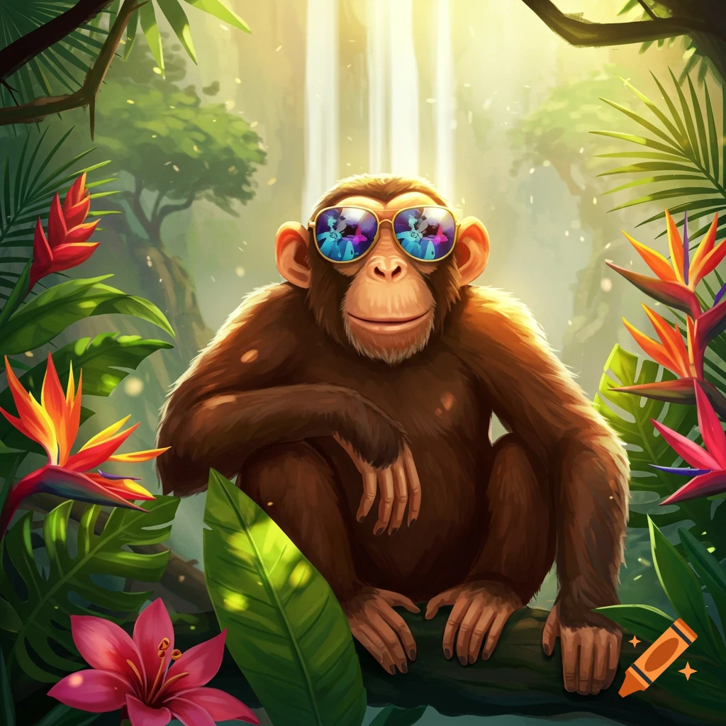 A cartoon monkey wearing sunglasses sits on a branch in a vibrant jungle with a waterfall in the background.