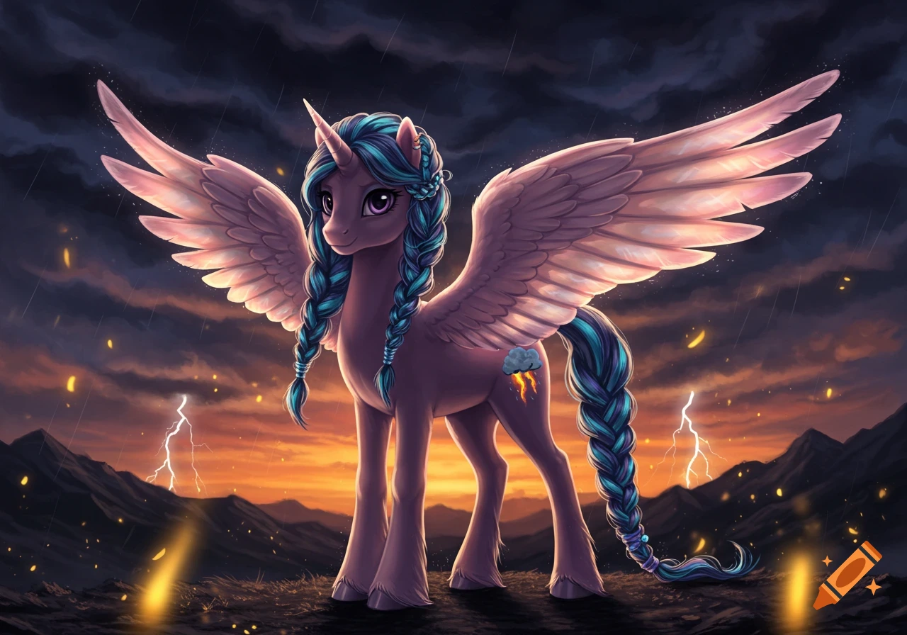 A stylized purple pegasus with long blue braided hair and tail stands in a stormy, mountainous landscape with lightning and an orange sunset.