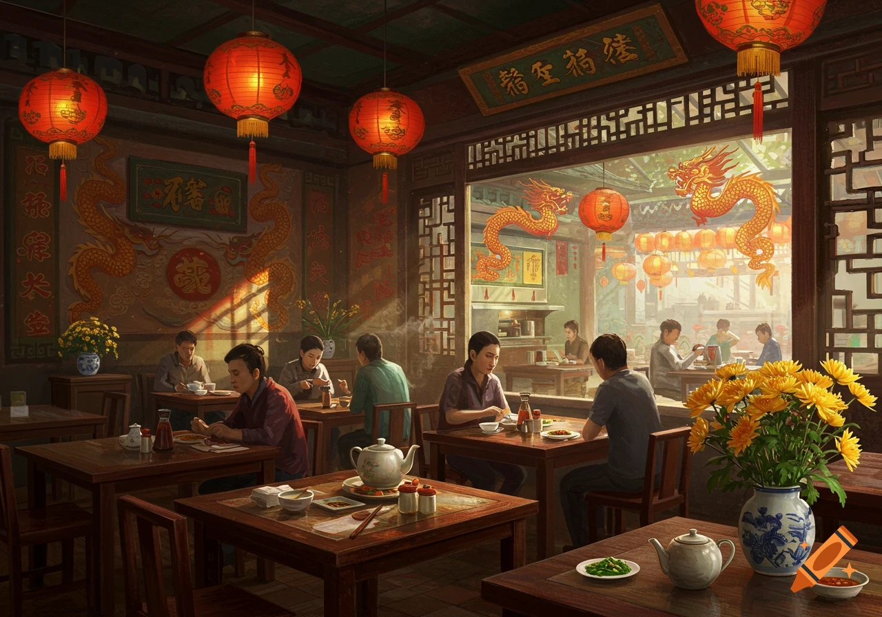 An ornate Chinese restaurant interior with red lanterns, golden dragons, and patrons dining at wooden tables. Warm sunlight streams in from a large window.