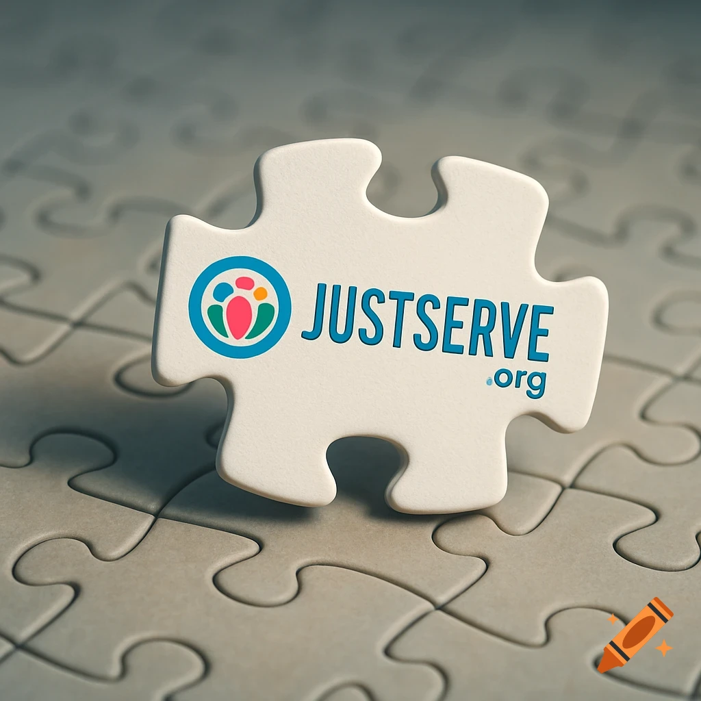 A white 3D puzzle piece with the blue "JUSTSERVE .org" text and colorful logo, resting on a flat surface of grey puzzle pieces.
