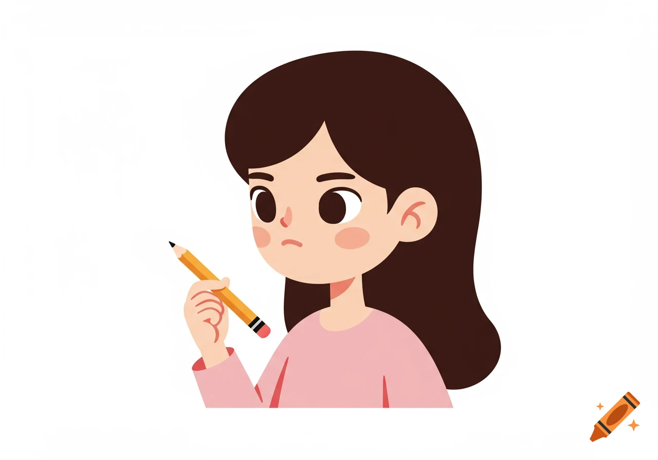 A cute cartoon girl with brown hair and a pink shirt, holding a pencil, in a simple clip art style.