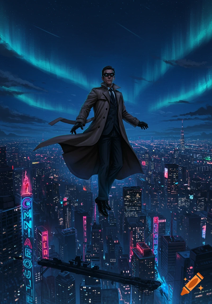 A masked man in a trench coat flies above a vibrant neon cityscape at night, under a sky lit by the aurora borealis.