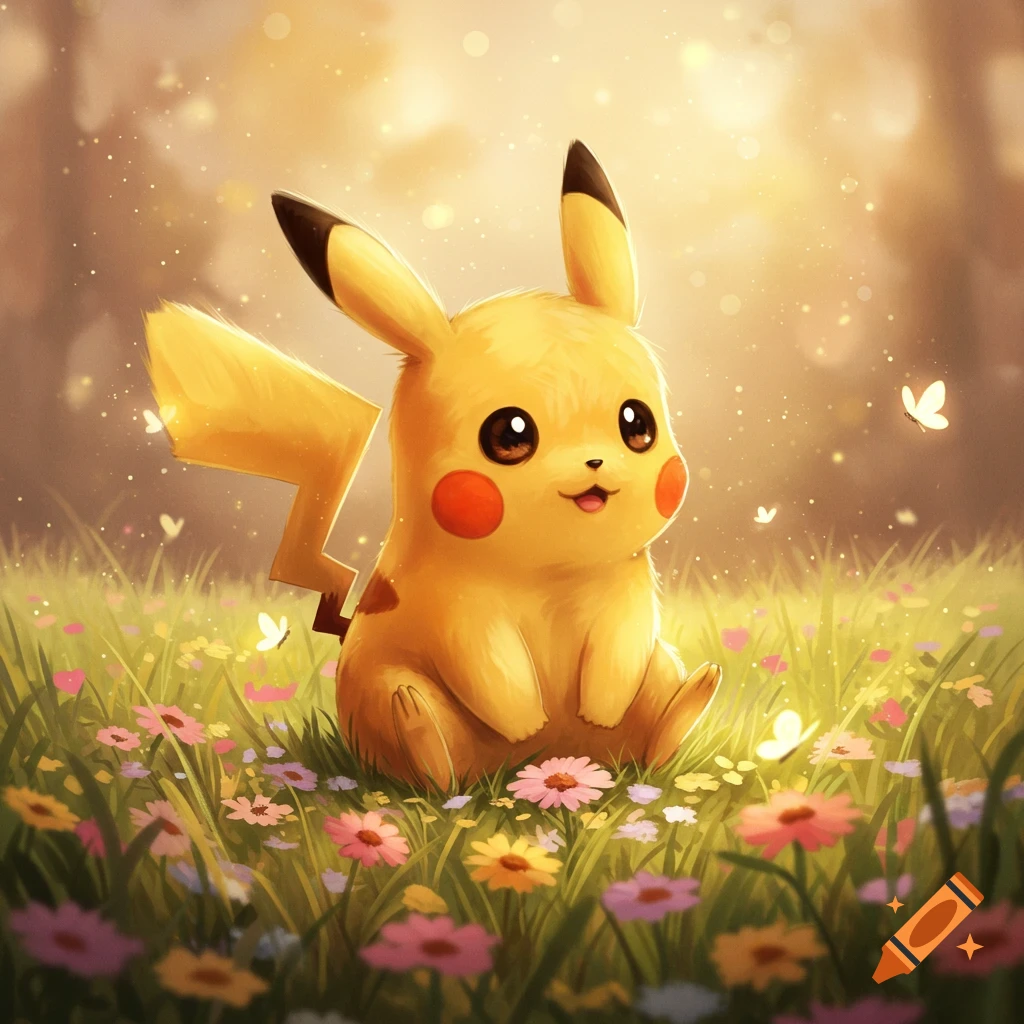A cute, chubby Pikachu sits in a field of colorful flowers with butterflies and glowing particles.