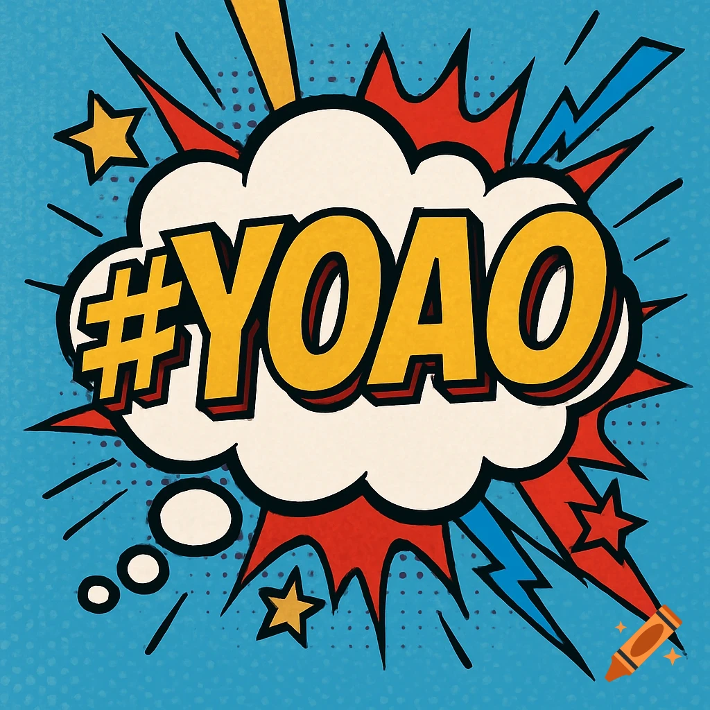 A comic book-style explosion speech bubble with the yellow text '#YOAO' and stars on a blue background.