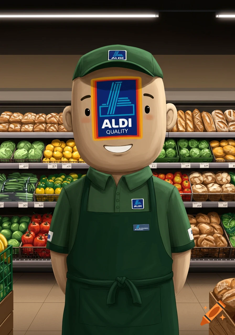 A cartoon humanoid character, resembling an Aldi store employee, with an Aldi logo on its face, stands in a supermarket aisle.