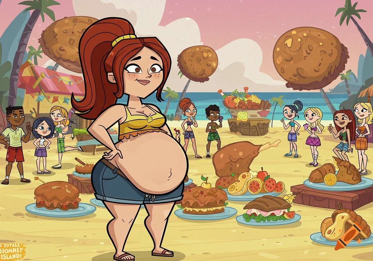A cartoon character with a large, round belly stands on a sandy beach filled with food and other characters in an animated style.