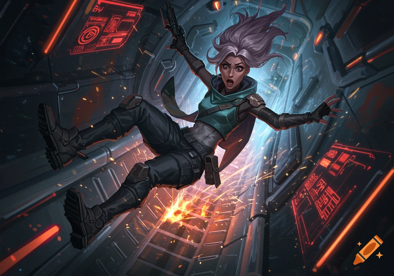 A stylized illustration of a female character with purple hair and teal clothing falling head-first down a futuristic metal chute, sparks flying around her.