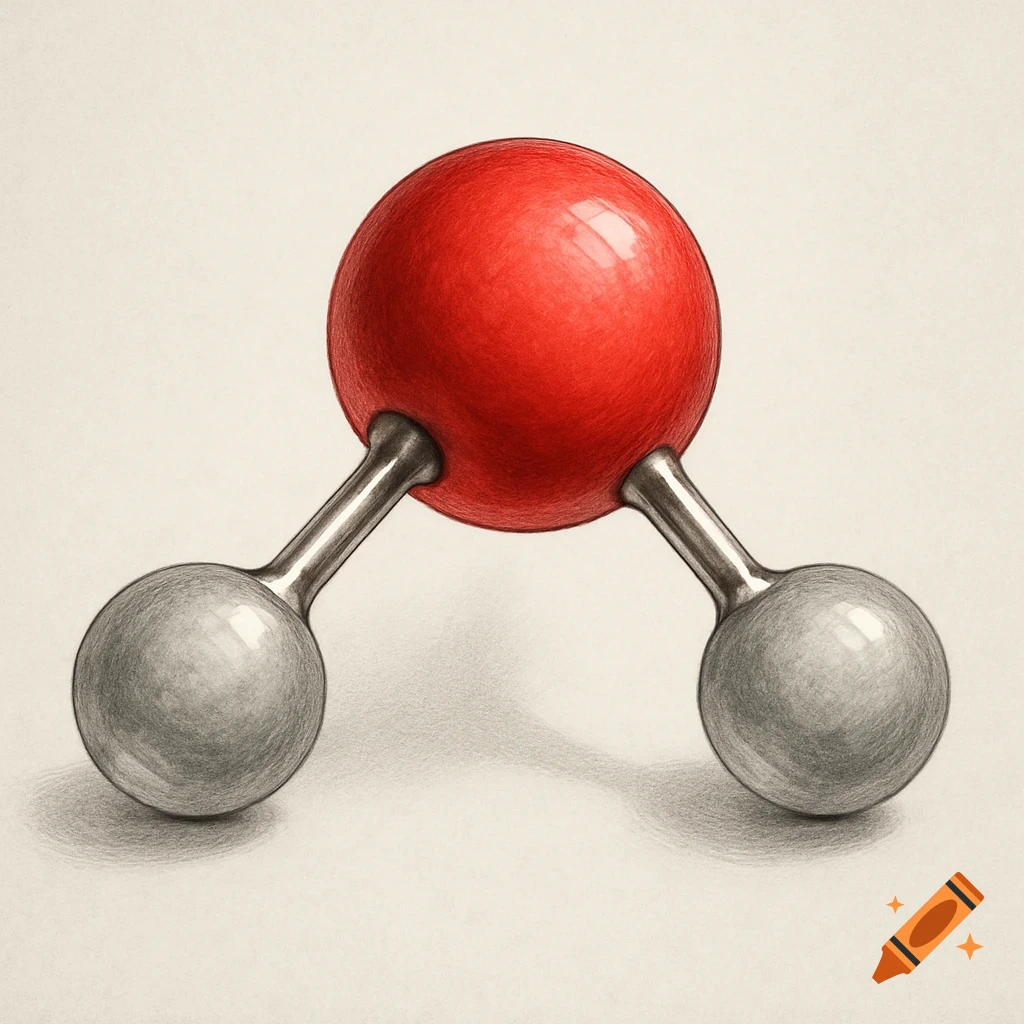 Pencil drawing of a ball and stick molecule model with one red sphere bonded to two smaller grey spheres.