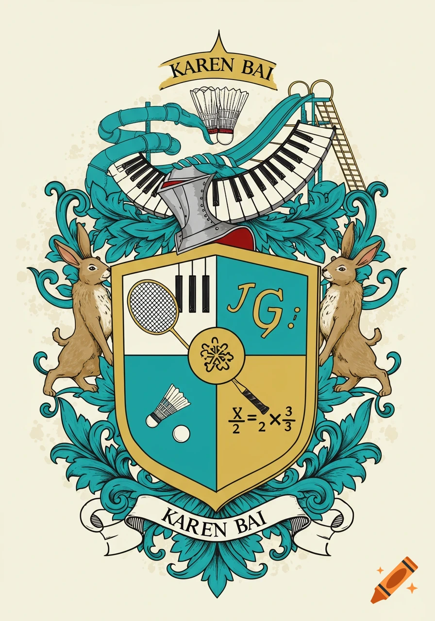 A colorful coat of arms featuring two brown rabbits, a shield with badminton racket, piano keys, initials 'JG', and a math equation 'X/2 = 2 X 3/3'. Above the shield are a knight's helmet, more piano keys, a badminton shuttlecock, and a blue water slide. Banners read 'KAREN BAI' at top and bottom. The overall style is illustrative with a teal and gold color scheme.