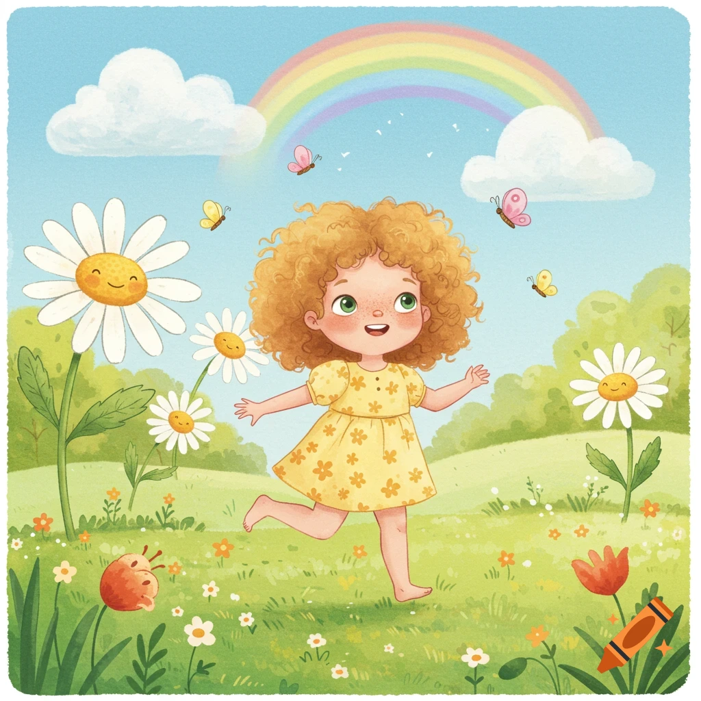 A whimsical children's illustration of a smiling redhead girl in a yellow dress running barefoot through a sunny meadow with daisies, butterflies, and a rainbow.