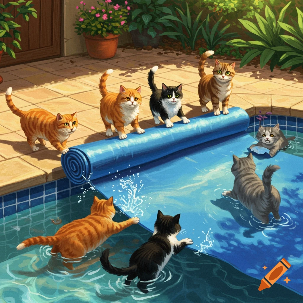 Illustrated cats comically trying to put a blue cover on a swimming pool, with some in the water.
