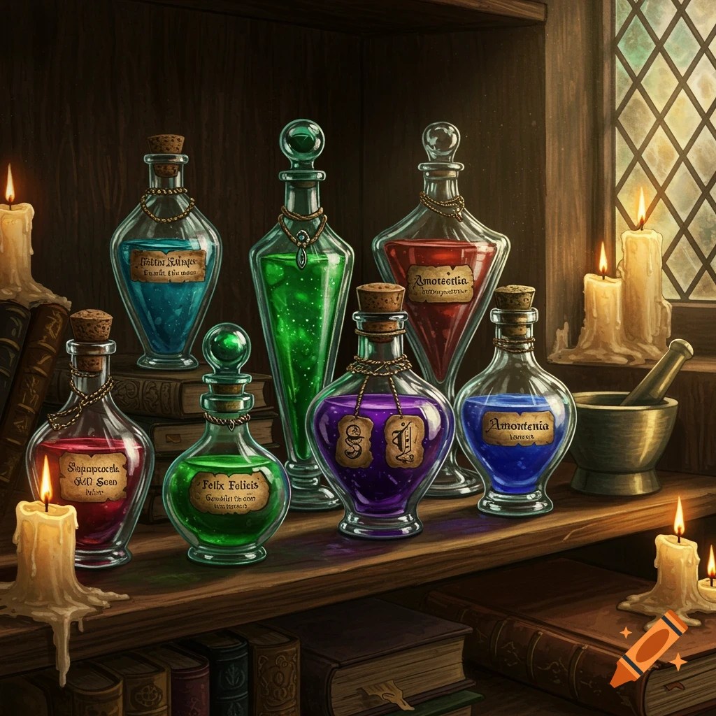 A still life composition of various magical potion bottles, candles, and old books on a wooden shelf, bathed in warm light.