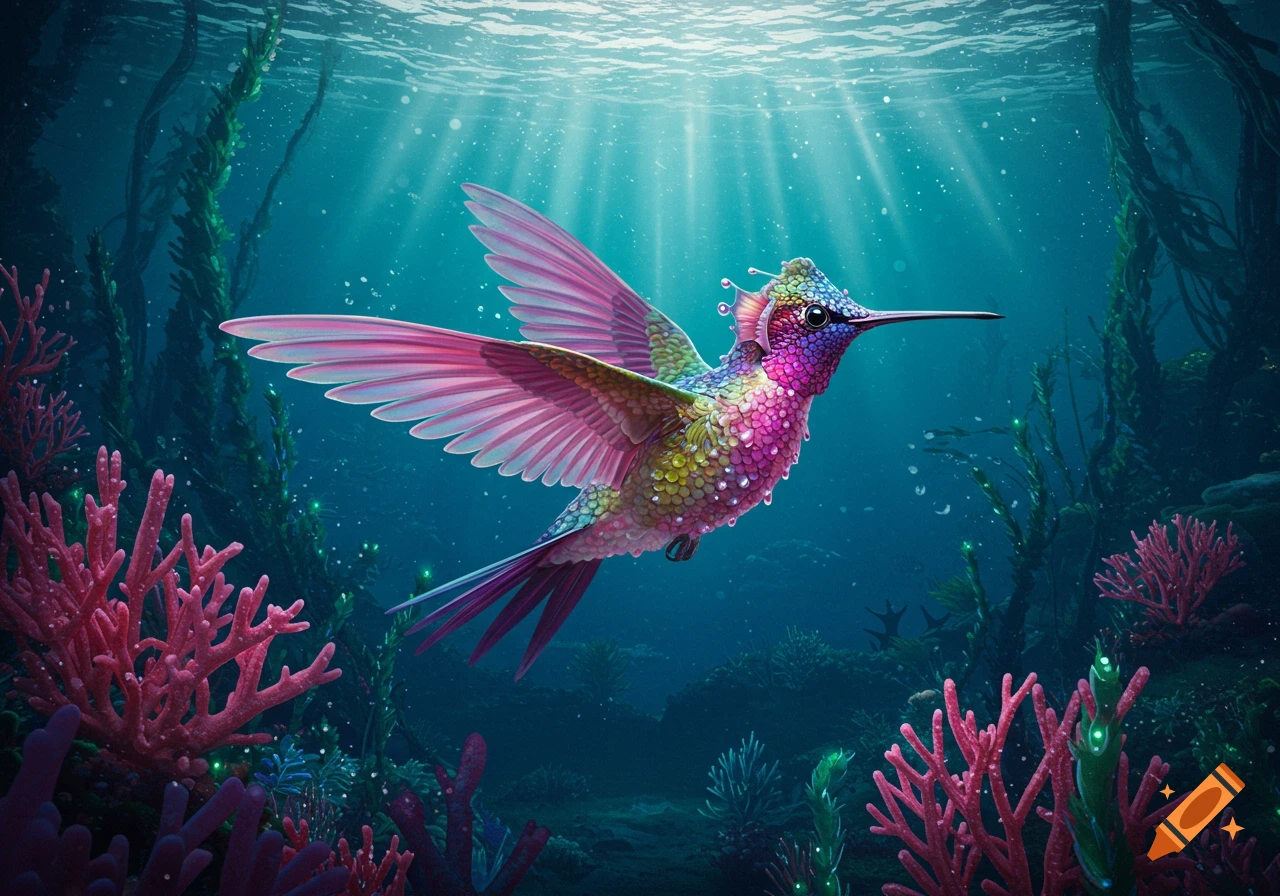 A vibrant, colorful hummingbird with pink wings and a multicolored body swims underwater amidst coral and kelp, with light rays from above.