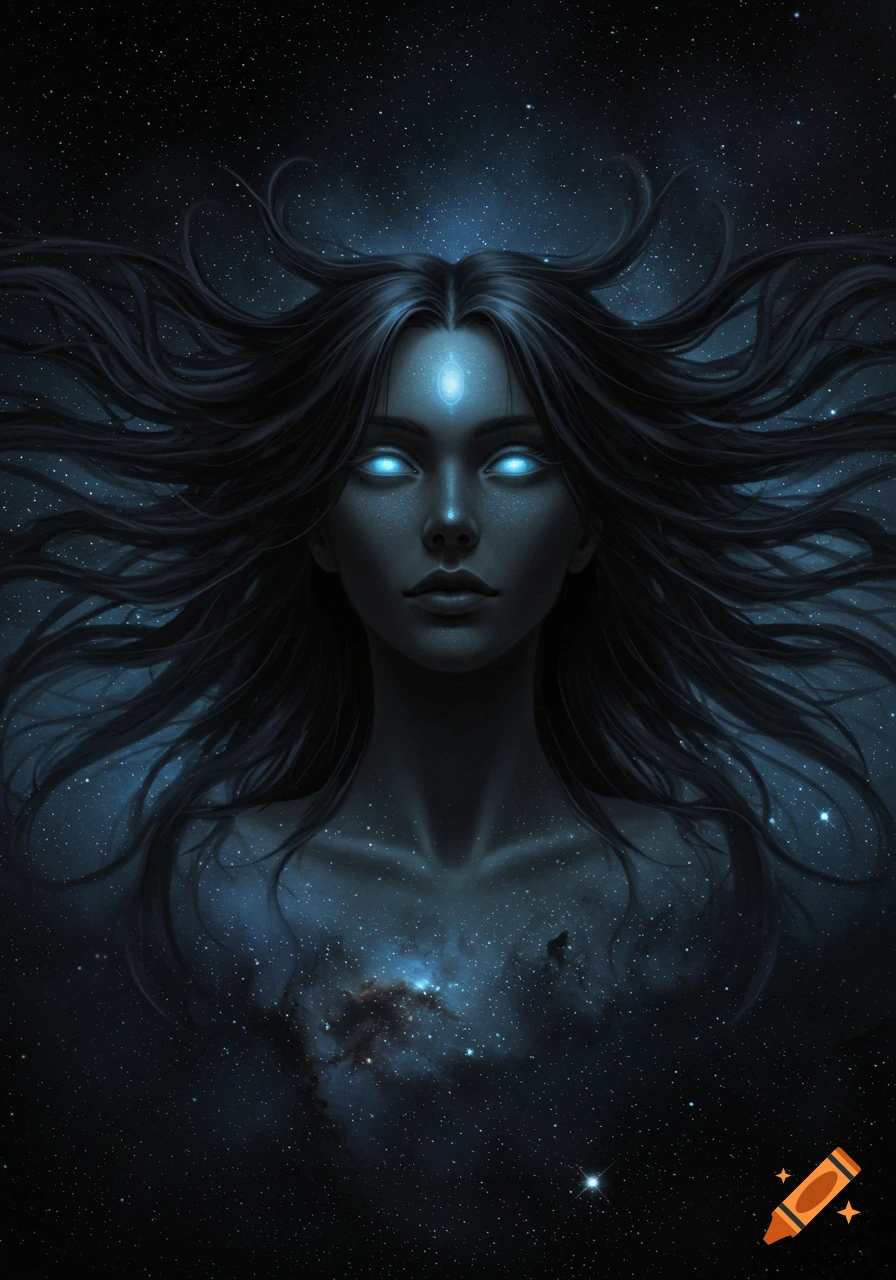 A dark-skinned woman with glowing blue eyes and a forehead jewel, her dark hair flowing into a starry cosmic background.