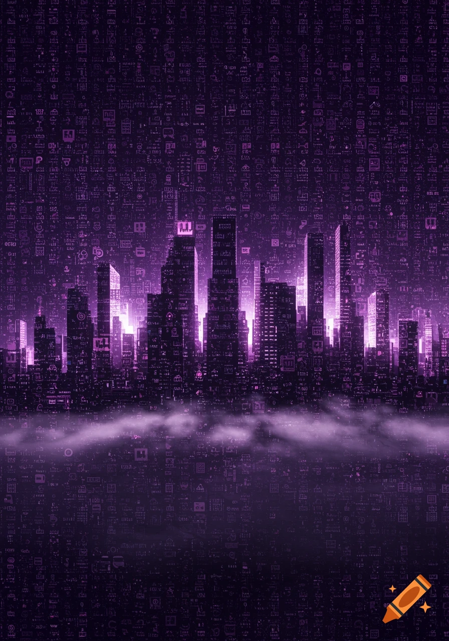 A stylized cityscape at night, with purple glowing buildings and fog, all composed of tiny, repeating purple Twitch logos.