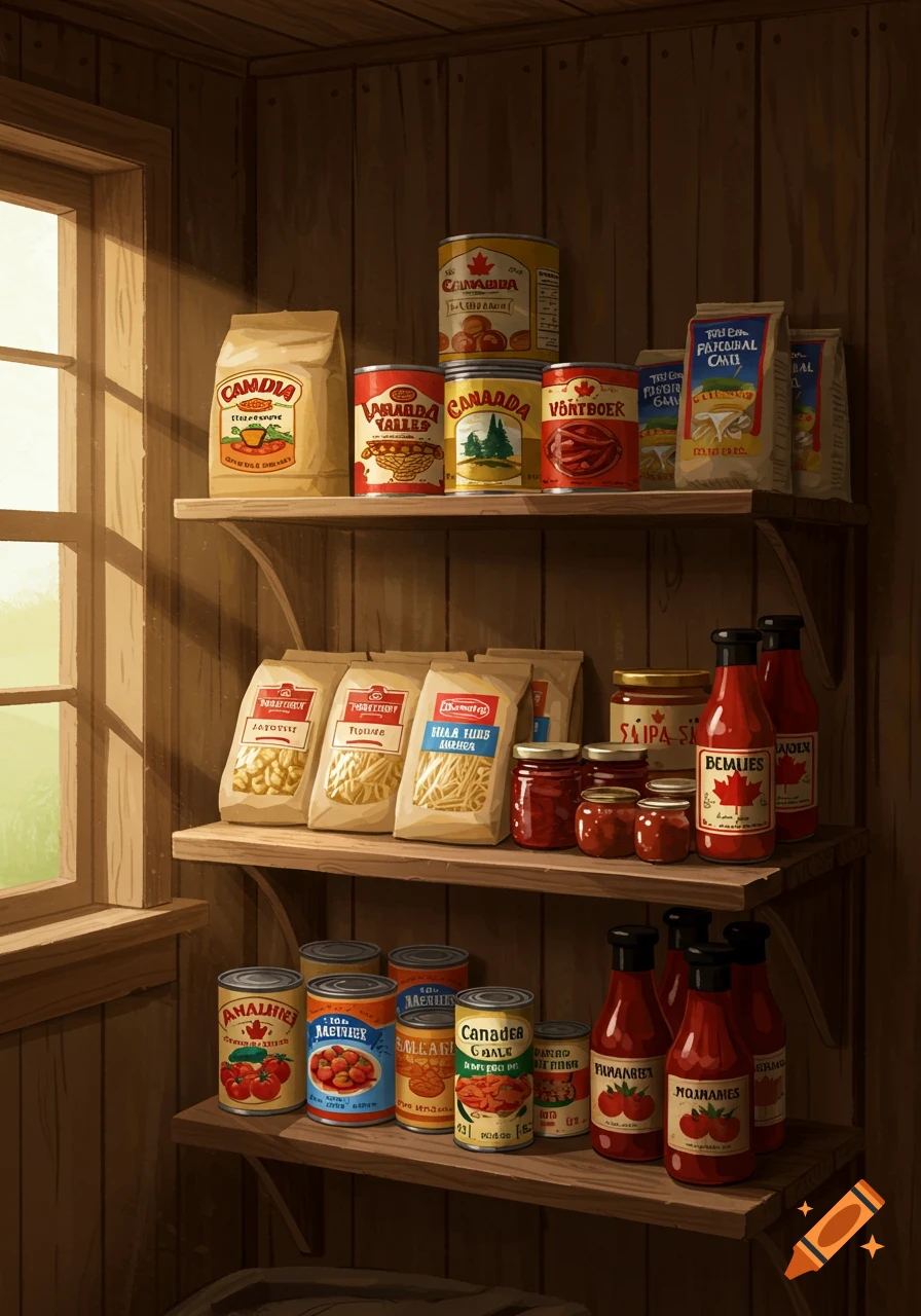 A rustic wooden pantry shelf filled with various canned goods, bags of pasta, and bottles of tomato sauce, illuminated by sunlight from a window.