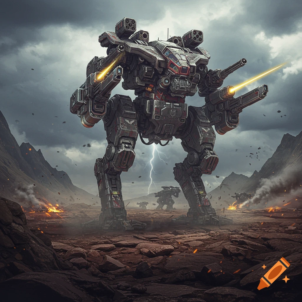 A large, heavily armed battle mech stands in a desolate, rocky valley under a stormy sky with lightning, explosions, and other mechs in the background.