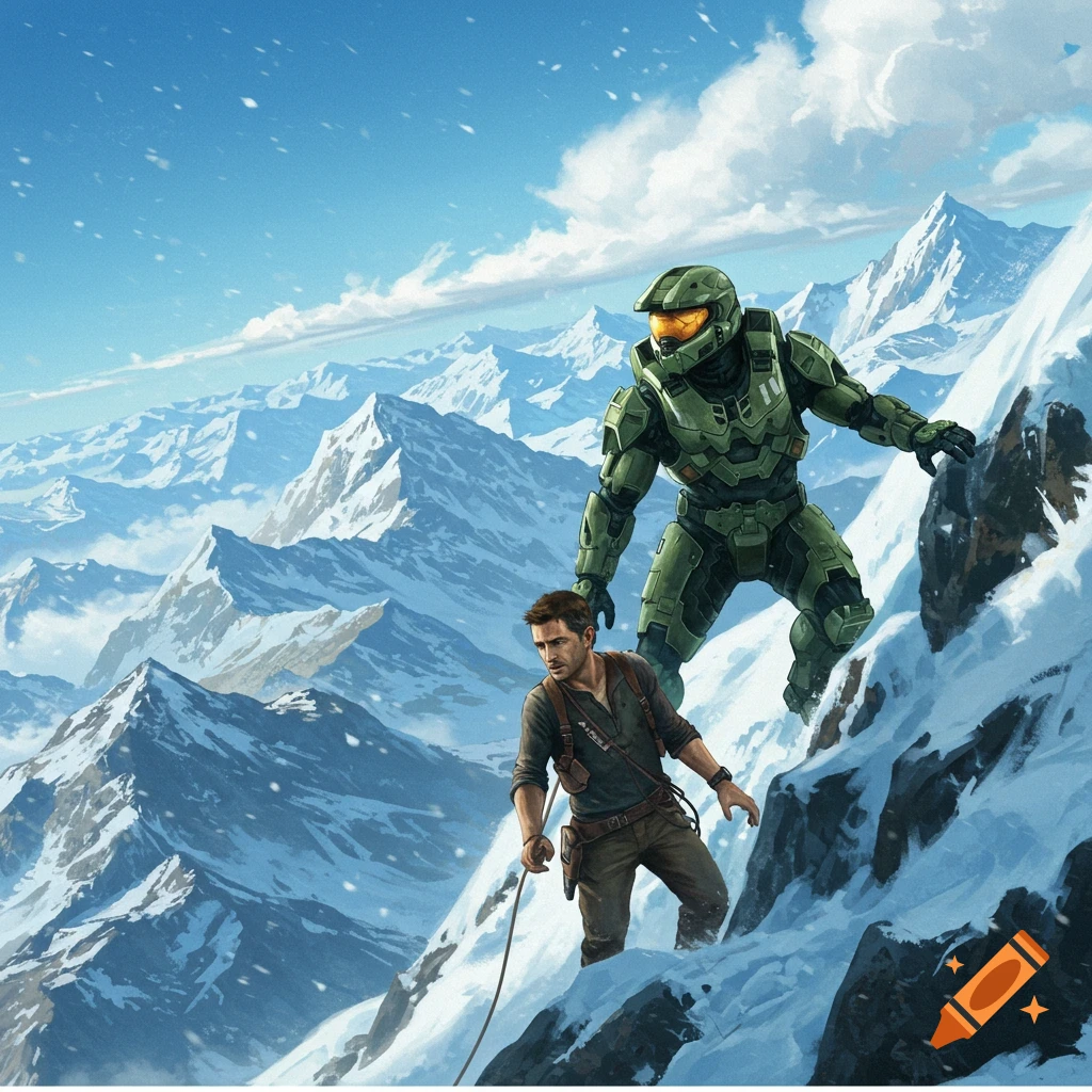 Master Chief and Nathan Drake climb a snowy mountain in a digital illustration.