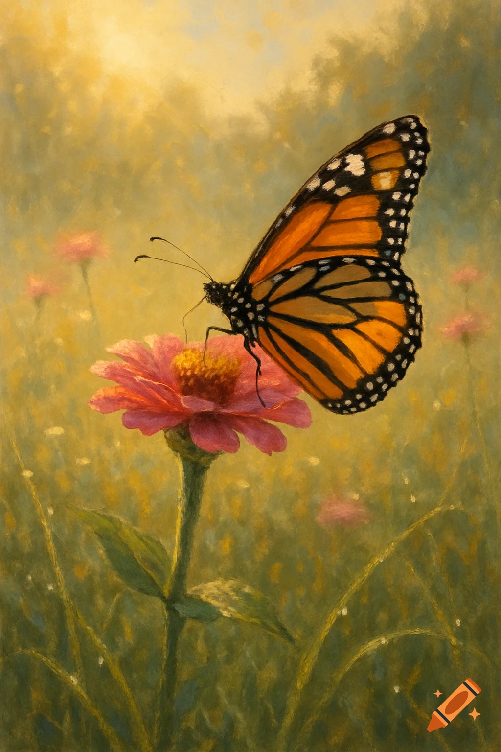 A monarch butterfly with orange and black wings perched on a pink zinnia flower in a sunlit, painterly field.