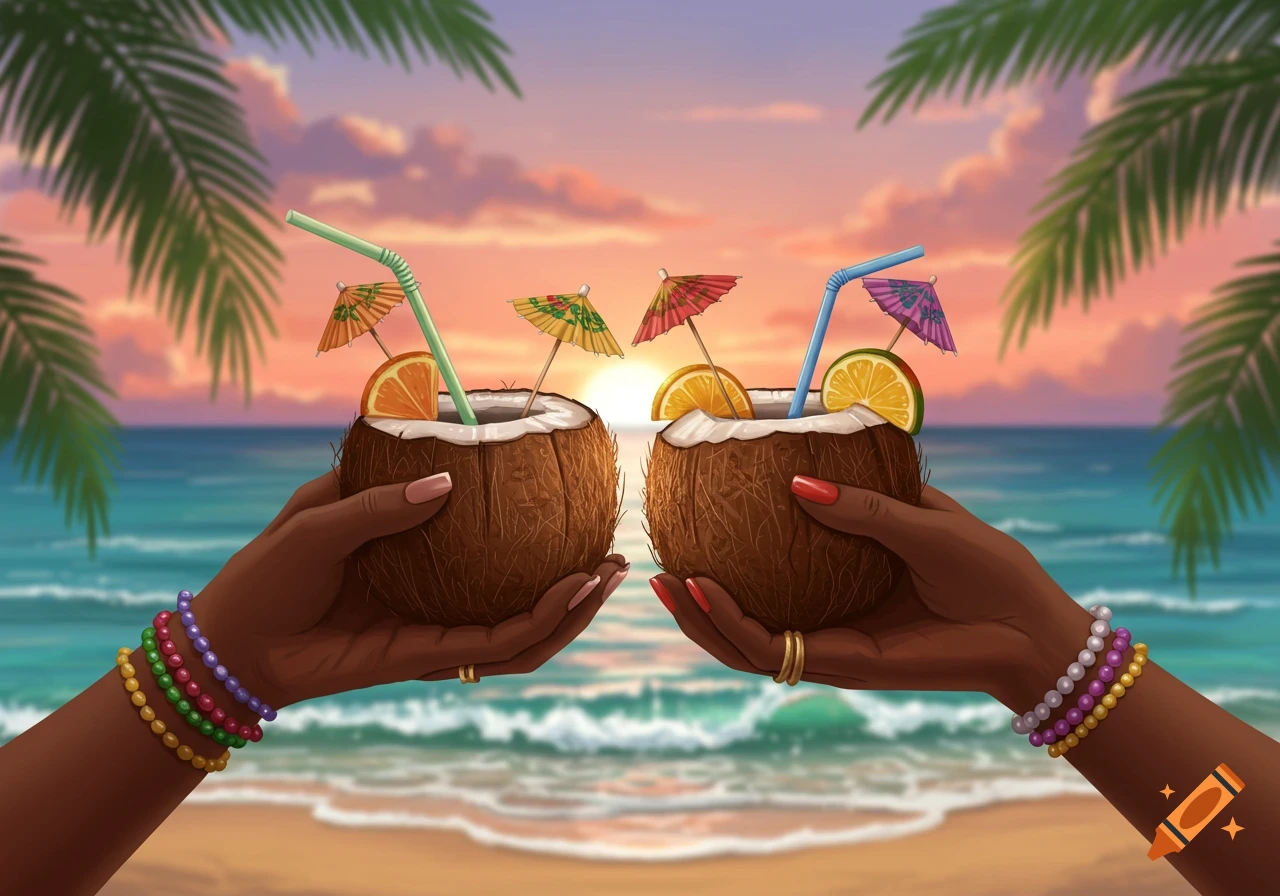 Illustrated hands holding coconut drinks with straws and umbrellas on a tropical beach at sunset.